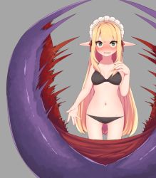 Rule 34 | 1girl, bikini, black bikini, blonde hair, blush, carnivorous plant, full-face blush, green eyes, grey background, imminent vore, long hair, looking at viewer, maid headdress, monster, navel, open mouth, original, plant, pointy ears, simple background, swimsuit, thigh gap, tukimitake, vore, wavy mouth, wide-eyed