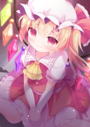 Rule 34 | 1girl, absurdres, blonde hair, crystal wings, dress, embodiment of scarlet devil, flandre scarlet, frills, from above, hat, highres, looking at viewer, medium hair, mob cap, ohitoriplayer, puffy short sleeves, puffy sleeves, red dress, red ribbon, ribbon, short sleeves, side ponytail, sitting, smile, solo, touhou, wariza