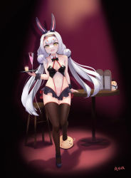 Rule 34 | &gt; &lt;, 1girl, absurdres, animal ears, ayun, azur lane, black footwear, breasts, brown thighhighs, chair, covered navel, detached collar, extra eyebrows, fang, highres, holding, holding tray, leotard, long hair, looking at viewer, manjuu (azur lane), microskirt, official alternate costume, open mouth, playboy bunny, rabbit ears, round table, shimakaze (azur lane), shimakaze (world&#039;s speediest bunny waitress) (azur lane), shoes, skin fang, skirt, small breasts, solo, table, thighhighs, tray, very long hair, white hair, wrist cuffs, yellow eyes