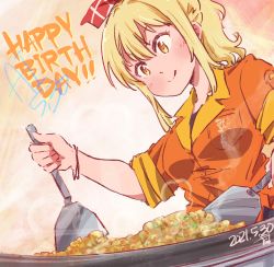 Rule 34 | 1girl, :p, absurdres, alternate hairstyle, artist name, artist request, blonde hair, blush, bow, bracelet, breasts, brown eyes, collared shirt, cooking, female focus, food, hair between eyes, hair bow, high ponytail, highres, holding, holding spatula, jewelry, long hair, looking at viewer, love live!, love live! nijigasaki high school idol club, love live! school idol festival, love live! school idol festival all stars, miyashita ai, orange eyes, orange shirt, parted lips, ponytail, red bow, shirt, short ponytail, short sleeves, side ponytail, small breasts, smile, solo, spatula, tied shirt, tongue, tongue out, upper body, v-shaped eyebrows, white bow, yellow eyes