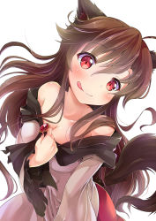 Rule 34 | 1girl, :q, animal ears, blush, brooch, brown hair, highres, imaizumi kagerou, jewelry, kakao rantan, licking lips, long hair, long sleeves, looking at viewer, off shoulder, red eyes, shirt, simple background, skirt, smile, solo, tail, tongue, tongue out, touhou, very long hair, white background, wide-eyed, wide sleeves, wolf ears, wolf tail