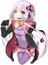 Rule 34 | 1girl, collarbone, finger to mouth, headphones, jacket, long hair, looking at viewer, microphone, miruto netsuki, parted lips, purple eyes, purple hair, purple thighhighs, short hair with long locks, sidelocks, simple background, solo, thighhighs, vocaloid, voiceroid, white background, yuzuki yukari