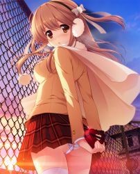 Rule 34 | 1girl, backlighting, blush, bow, brown eyes, brown hair, capelet, chain-link fence, earmuffs, fence, fingernails, from below, gift, hairband, hatsukoi 1/1, highres, koizumi amane, lens flare, long hair, long sleeves, looking at viewer, morino yukino, outdoors, panties, pantyshot, plaid, plaid skirt, skirt, solo, sunset, thighhighs, underwear, white panties, white thighhighs