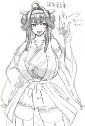 Rule 34 | 10s, 1girl, breasts, hand on own hip, huge breasts, japanese clothes, kantai collection, kloah, kongou (kancolle), long hair, monochrome, snapping fingers