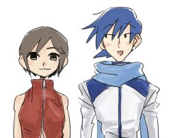 Rule 34 | 1boy, 1girl, :3, arms at sides, black eyes, blue hair, blue scarf, blush, brown eyes, brown hair, closed mouth, coat, highres, jacket, kaito (vocaloid), long sleeves, looking at another, looking at viewer, looking to the side, meiko (vocaloid), nata shelf, no sclera, open mouth, raised eyebrows, red jacket, scarf, short hair, side-by-side, simple background, sleeveless, sleeveless jacket, smile, straight-on, upper body, vocaloid, white background, white coat