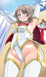 Rule 34 | 1girl, absurdres, armpits, arms up, ascot, blue sky, blush, breasts, changing room, cleavage, clothes hanger, code geass, commission, cosplay, cowboy shot, detached sleeves, ereka, grey sailor collar, grin, highleg, highleg leotard, highres, large breasts, leotard, long sleeves, looking at viewer, love live!, love live! sunshine!!, neckerchief, no roof, pilot suit, pixiv commission, red ascot, red neckerchief, sailor collar, school uniform, sky, smile, solo, strapless, strapless leotard, summer uniform, thighhighs, unworn shirt, uranohoshi school uniform, watanabe you, white sleeves, white thighhighs