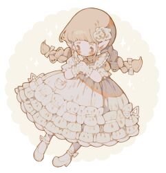 Rule 34 | 1girl, apron, blonde hair, blue eyes, blunt bangs, blush stickers, bow, braid, chibi, circle, clip studio paint (medium), commentary, dress, dress ribbon, earrings, english commentary, eyelashes, final fantasy, final fantasy xiv, flower, flower earrings, footwear ribbon, frilled apron, frilled dress, frilled wrist cuffs, frills, hair bow, hair flower, hair lift, hair ornament, hands on own face, high heels, highres, jewelry, lalafell, layered dress, light blush, littlebluemuffin, long dress, long hair, low twin braids, maid, painttool sai (medium), parted lips, pocket, pointy ears, puffy short sleeves, puffy sleeves, ribbon, ribbon-trimmed apron, ribbon-trimmed dress, ribbon trim, rose, short sleeves, sparkle, twin braids, warrior of light (ff14), white apron, white background, white bow, white dress, white flower, white footwear, white ribbon, white rose, white wrist cuffs, wrist cuffs