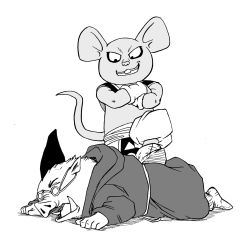 Rule 34 | 2boys, buck teeth, chinese zodiac, commentary request, crossed arms, defeat, dr. rota, dragon ball, dragon ball super, forced, furry, furry male, greyscale, grin, highres, looking at another, lying, male focus, monochrome, multiple boys, official art, on stomach, quitela, smile, stepped on, tail, teeth, toyotaro, violence, white background