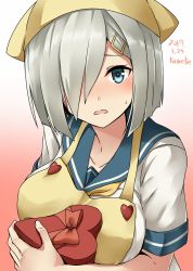 Rule 34 | 10s, 1girl, 2017, apron, artist name, blue eyes, blush, box, breasts, collarbone, dated, gradient background, grey hair, hair ornament, hair over one eye, hairclip, hamakaze (kancolle), head scarf, heart-shaped box, highres, kamelie, kantai collection, large breasts, looking at viewer, pink background, sailor collar, school uniform, serafuku, short hair, short sleeves, solo, upper body, white background