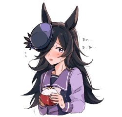 Rule 34 | 1girl, animal ears, black hair, blush, bow, bowl, bowtie, commentary, hair over one eye, hat, highres, holding, holding bowl, horse ears, long hair, long sleeves, looking at viewer, mjtsu io8, open mouth, purple eyes, purple hat, purple shirt, raised eyebrows, rice, rice bowl, rice shower (umamusume), sailor collar, shirt, simple background, solo, sweat, tearing up, translation request, trembling, umamusume, upper body, white background