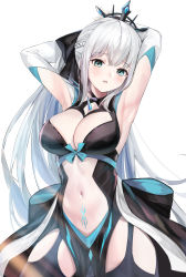 Rule 34 | 1girl, absurdres, armpits, arms behind head, arms up, black dress, black thighhighs, blue bow, blush, bow, braid, breasts, cleavage, cleavage cutout, clothing cutout, cowboy shot, crown, dress, fate/grand order, fate (series), garter straps, green eyes, highres, indoors, large breasts, light particles, lillly, long hair, long sleeves, looking at viewer, midriff, morgan le fay (fate), navel, parted lips, pubic tattoo, simple background, solo, standing, stomach, stomach cutout, tattoo, thighhighs, very long hair, white background, white hair, window