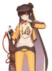Rule 34 | 1girl, 3:, absurdres, arm up, black survival, bobby36446329, breasts, brown hair, chinese clothes, closed mouth, crop top, double bun, dudou, expressionless, hair bun, highres, holding, holding nunchaku, holding weapon, jacket, li dailin, long hair, long sleeves, looking at viewer, midriff, navel, nunchaku, open clothes, open jacket, orange eyes, pants, revealing clothes, shirt, simple background, sleeveless, sleeveless shirt, small breasts, solo, standing, stomach, very long hair, weapon, white background, yellow jacket, yellow pants, yellow shirt