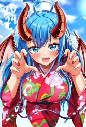 Rule 34 | 1girl, 2024, ahoge, blue eyes, blue hair, breasts, claw pose, cloud, dragon girl, dragon horns, dragon print, dragon wings, horns, japanese clothes, kimono, large breasts, long hair, multicolored nails, open mouth, original, pink kimono, red nails, ryopa, sky, tail, teeth, upper teeth only, white nails, wings