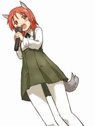 Rule 34 | 1girl, :d, aged down, animal ears, blush, dress, jankey4649, long sleeves, microphone, minna-dietlinde wilcke, music, open mouth, pantyhose, red eyes, red hair, shibasaki shouji, simple background, singing, smile, solo, strike witches, tail, world witches series