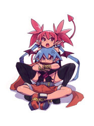 Rule 34 | 1boy, 1girl, anger vein, antenna hair, bat wings, belt, black gloves, black thighhighs, blue hair, bracelet, bracer, bulge, crossed arms, demon boy, demon girl, demon tail, demon wings, disgaea, earrings, elbow gloves, erection, erection under clothes, etna (disgaea), gloves, hetero, highres, hug, hug from behind, jewelry, laharl, makai senki disgaea, mini wings, optionaltypo, pink hair, pointy ears, purple eyes, red hair, red shorts, scarf, short twintails, shorts, sitting, sitting on lap, sitting on person, skull earrings, slit pupils, studded bracelet, tail, thighhighs, topless male, twintails, wings
