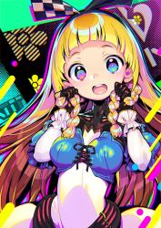 Rule 34 | 1girl, alice (dohna dohna), black gloves, blonde hair, blue eyes, bodysuit, braid, breasts, dohna dohna issho ni warui koto o shiyou, flower (symbol), gloves, hairband, holding, holding own hair, long hair, medium breasts, multicolored background, onono imoko, open mouth, side braids, solo, teeth, upper teeth only