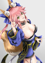 Rule 34 | 1girl, absurdres, animal ear fluff, animal ears, bare shoulders, blue kimono, blue legwear, blue ribbon, breasts, cleavage, collarbone, commentary, commentary request, detached sleeves, double fox shadow puppet, fangs, fate/extra, fate/grand order, fate (series), fox ears, fox girl, fox shadow puppet, fox tail, gradient background, highres, japanese clothes, kamehito, kimono, large breasts, looking at viewer, looking up, open mouth, pink hair, ribbon, solo, tail, tamamo (fate), tamamo no mae (fate/extra), yellow eyes