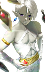 Rule 34 | 1boy, abs, armband, commentary request, crystal earrings, earrings, elbow gloves, ghirahim, gloves, hands on own hips, highres, jewelry, jimaku, kunai, male focus, motion blur, nintendo, pale skin, pectorals, pointy ears, purple eyes, smile, solo, the legend of zelda, the legend of zelda: skyward sword, upper body, weapon, white gloves, white hair