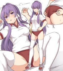 Rule 34 | 1girl, ass, blush, breasts, clannad, commentary request, fujibayashi kyou, hair ribbon, hand on own hip, large breasts, long hair, lying, multiple views, on back, purple eyes, purple hair, red shorts, ribbon, shirt, shiseki hirame, shoes, shorts, sportswear, spread legs, thighhighs, very long hair, white ribbon, white shirt, white thighhighs