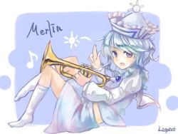 Rule 34 | 1girl, artist name, bad id, bad pixiv id, blue background, blue eyes, blue hair, brooch, character name, female focus, hat, index finger raised, instrument, jewelry, kneehighs, lispict, long sleeves, looking at viewer, matching hair/eyes, merlin prismriver, midriff, musical note, no shoes, open mouth, reclining, salute, short hair, skirt, socks, solo, sun, touhou, trumpet, two-finger salute, vest, white socks