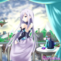 Rule 34 | 1girl, absurdres, alternate form, backless outfit, bare shoulders, blue eyes, breasts, detached sleeves, dress, hair over one eye, highres, long hair, looking at viewer, magiquone, medium breasts, nepped waifu, neptune (series), shiny skin, sideboob, silver hair, smile, solo, very long hair