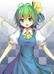 Rule 34 | 1girl, ascot, blue dress, bow, breasts, checkered background, culter, daiyousei, dress, dress shirt, fairy wings, green eyes, green hair, hair bow, hair ribbon, large breasts, looking at viewer, matching hair/eyes, open mouth, puffy sleeves, ribbon, shirt, short hair, short sleeves, side ponytail, smile, solo, grid background, touhou, wings