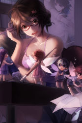 Rule 34 | 2boys, 3girls, aile (crossroads), arm up, bare shoulders, brown eyes, brown hair, collarbone, darkness, dress, fairy, glasses, hair ornament, hairpin, holding, layered dress, long hair, lowres, multiple boys, multiple girls, open mouth, paper, pen, pencil, poster (object), purple hair, red hair, short hair, size difference, sparkle, standing, surprised, sweatdrop, sword girls, table, wings