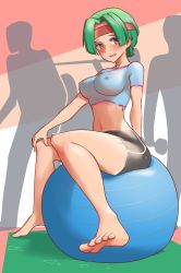Rule 34 | 1girl, bad id, bad pixiv id, ball, barefoot, bodypaint, breasts, exercise ball, feet, green hair, headband, highres, medium breasts, naked paint, navel, nervous, nipples, nude, original, painted clothes, parted bangs, pompmaker1, red eyes, short hair, sitting on ball, soles, solo focus, toes