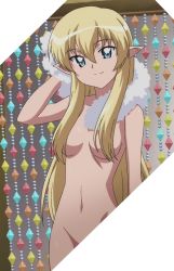 Rule 34 | blonde hair, blue eyes, breasts, cleavage, cropped, elf, hair over breasts, highres, long hair, lukshana, nude, pointy ears, screencap, small breasts, solo, third-party edit, towel, zero no tsukaima