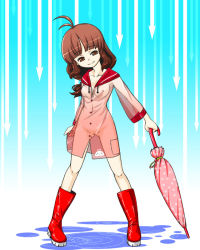 Rule 34 | 1girl, ahoge, arrow (symbol), artist request, bare legs, blue background, boots, brown eyes, brown hair, cameltoe, coat, hidaka mai, idolmaster, looking at viewer, naked coat, naked raincoat, nude, puddle, raincoat, red footwear, rubber boots, see-through, smile, standing, umbrella