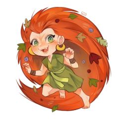 Rule 34 | 1girl, :d, absurdly long hair, barefoot, blush, crescent, crescent earrings, dress, earrings, green dress, green eyes, green sash, hair ornament, highres, jewelry, jumping, leaf hair ornament, long hair, looking at viewer, mebh og mactire, open mouth, orange hair, sash, sharp teeth, short sleeves, simple background, smile, solo, standing, standing on one leg, sui (suizilla), teeth, very long hair, white background, wolfwalkers, wristband