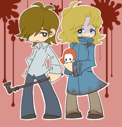 Rule 34 | 2boys, blonde hair, blood, brown hair, coat, doll, facial hair, henry townshend, lead pipe, multiple boys, panty &amp; stocking with garterbelt, parody, shiro (tiotolv), silent hill, silent hill (series), silent hill 4: the room, stubble, style parody, tiotolv, trench coat, walter sullivan