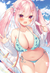 Rule 34 | 1girl, bag, bikini, blue sky, blush, breasts, cleavage, cloud, cloudy sky, collarbone, commentary request, curvy, day, dengeki moeou, fingernails, food, frilled bikini, frills, green bikini, groin, hair between eyes, hair ornament, hair scrunchie, hairclip, halterneck, heart, heart hair ornament, holding, holding bag, holding food, holding popsicle, jacket, large breasts, leaning to the side, long hair, long sleeves, looking at viewer, nail polish, navel, open clothes, open jacket, open mouth, original, pink eyes, pink hair, pink nails, popsicle, raised eyebrows, salute, sazaki ichiri, scrunchie, shopping bag, side-tie bikini bottom, single bare shoulder, sky, sleeves past wrists, smile, solo, stomach, sunlight, swimsuit, thigh gap, thighs, twintails, white jacket, white scrunchie, wide hips
