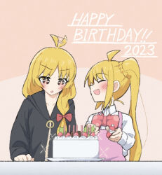 Rule 34 | + +, 2girls, black hoodie, blonde hair, blush, bocchi the rock!, bow, bowtie, cake, closed eyes, collared shirt, commentary request, food, fruit, hair wagging, happy birthday, hood, hoodie, ijichi nijika, ijichi seika, long sleeves, look4 osagashi, multiple girls, parted lips, pink background, red bow, red bowtie, shirt, side ponytail, smile, strawberry, upper body, white shirt