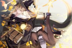 Rule 34 | 1girl, arknights, black hat, black jacket, black pantyhose, blonde hair, book, dragon girl, dragon horns, dragon tail, earrings, feet up, flame-tipped tail, from above, from behind, green eyes, hat, horns, horns through headwear, jacket, jewelry, johnsmith (icannotname), layered sleeves, light, long sleeves, looking at viewer, looking back, lying, on stomach, pantyhose, reed (arknights), reed the flame shadow (arknights), reed the flame shadow (curator) (arknights), shirt, solo, tail, white shirt