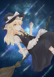 Rule 34 | 1girl, :o, absurdres, apron, bamboo broom, blonde hair, blush, braid, broom, broom riding, from below, hat, highres, kirisame marisa, long hair, long skirt, marisuku, puffy short sleeves, puffy sleeves, shooting star, short sleeves, side braid, single braid, skirt, sky, solo, space, star (sky), starry sky, touhou, turtleneck, vest, waist apron, witch hat, yellow eyes