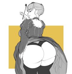 Rule 34 | 1girl, ass, beatrice (umineko), blue eyes, breasts, clothes lift, dress, dress lift, from behind, highres, huge ass, large breasts, looking at viewer, looking back, massgrave art, panties, seductive smile, sideboob, simple background, smile, solo, umineko no naku koro ni, underwear