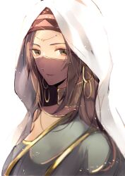 Rule 34 | 1girl, brown eyes, brown hair, commentary request, dress, earrings, fate/grand order, fate (series), green dress, headband, highres, hoop earrings, jewelry, looking at viewer, mouth veil, see-through, see-through veil, siduri (fate), simple background, solo, upper body, veil, white background, white hood, yui (linaw-key08)