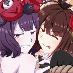 Rule 34 | 2girls, ahoge, animal ears, brown hair, colored skin, dog ears, drill bulbul, fate/grand order, fate (series), fingerless gloves, gloves, grin, katsushika hokusai (fate), katsushika hokusai (third ascension) (fate), kyokutei bakin (fate), multiple girls, one eye closed, purple eyes, purple hair, purple skin, red eyes, smile, tongue, tongue out