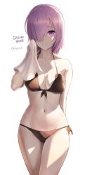 Rule 34 | 1girl, absurdres, alternate costume, arms behind back, artist name, bad id, bad pixiv id, bare arms, bare shoulders, bikini, black bikini, blush, breasts, breasts apart, closed mouth, collarbone, fate/grand order, fate (series), front-tie bikini top, front-tie top, greem bang, groin, hair over one eye, hand up, highres, holding, holding towel, looking at viewer, mash kyrielight, medium breasts, medium hair, navel, pink eyes, pink hair, shade, side-tie bikini bottom, signature, simple background, slit pupils, smile, solo, standing, stomach, sunlight, sweat, swimsuit, towel, twitter username, white background, wiping face
