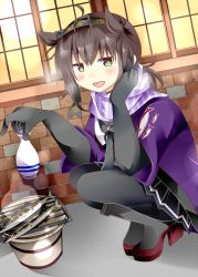 Rule 34 | 1girl, ahoge, anchor symbol, bad id, bad pixiv id, black bodysuit, black neckerchief, black skirt, bodysuit, bottle, brick wall, bright pupils, brown hair, clothes writing, commentary request, cooking, fish, green eyes, grey footwear, grill, grilling, hachimaki, hair flaps, happi, hatsuzuki (kancolle), headband, holding, holding bottle, japanese clothes, kantai collection, knmnw, lens flare, lens flare abuse, looking at viewer, miniskirt, neckerchief, open mouth, pantyhose, pleated skirt, purple scarf, rudder footwear, saury, scarf, school uniform, serafuku, shichirin, shoes, short hair, skirt, smile, solo, striped clothes, striped scarf, tokkuri, wall, window