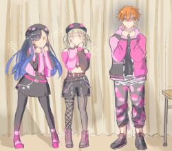 Rule 34 | 1boy, 2girls, awakening beat (project sekai), azusawa kohane, beat eater (vocaloid), belt, belt buckle, black belt, black hair, black headwear, black shorts, blue hair, blush, brown hair, buckle, clenched hands, closed mouth, commentary, earrings, full body, gradient hair, hair between eyes, hands up, highres, hood, hood down, hooded jacket, jacket, jewelry, long hair, long sleeves, looking at viewer, midriff, multicolored hair, multiple girls, official alternate costume, one eye closed, open clothes, open jacket, open mouth, orange eyes, orange hair, pantyhose, photo-referenced, project sekai, rea (tireamisu ), shinonome akito, shiraishi an, short hair, short twintails, shorts, sparkle, standing, star (symbol), star earrings, twintails, two-tone hair