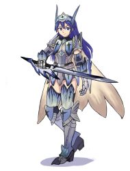 1girl absurdres alternate_costume armor blue_eyes blue_hair closed_mouth commentary commission crossover double-parted_bangs english_commentary fire_emblem fire_emblem_awakening greaves hair_between_eyes highres holding holding_sword holding_weapon long_hair lucina_(fire_emblem) monster_hunter_(series) nintendo simple_background smile solo sword watcher_hollow weapon white_background