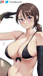 Rule 34 | 1girl, asymmetrical gloves, bare shoulders, bikini, bikini top only, black gloves, blue eyes, brown hair, collarbone, damobelmont, gloves, hand up, highres, long hair, looking at viewer, metal gear (series), metal gear solid v: the phantom pain, navel, pantyhose, parted lips, ponytail, quiet (metal gear), simple background, solo, stomach, swimsuit, torn clothes, torn pantyhose, white background
