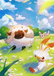 Rule 34 | blurry, brown eyes, closed mouth, cloud, commentary request, creatures (company), day, falling leaves, game freak, gen 5 pokemon, gen 8 pokemon, grass, highres, koune827, leaf, looking up, minccino, nintendo, no humans, open mouth, outdoors, pokemon, pokemon (creature), scorbunny, sky, smile, standing, toes, wooloo