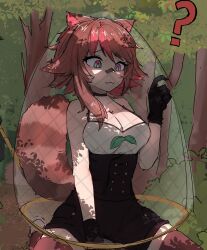 Rule 34 | 1girl, :3, ?, animal ears, bandaid, bandaid on face, bandaid on nose, bare arms, bare shoulders, between legs, black gloves, black shorts, blankcode, blue eyes, blush, breasts, brown hair, brown thighhighs, butterfly net, camisole, cleavage, colored tips, commentary, confused, english commentary, forest, frown, gloves, hair flaps, hand between legs, hand net, hand up, high-waist shorts, highres, large breasts, multicolored eyes, multicolored hair, nature, outdoors, owozu, raccoon ears, raccoon girl, raccoon tail, rakkun sutaru, red eyes, red hair, short hair, short shorts, shorts, sitting, sketch, solo, streaked hair, tail, thighhighs, two-tone hair, virtual youtuber, wariza, white camisole