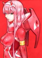 Rule 34 | 10s, 1girl, aqua eyes, bad id, bad pixiv id, blunt bangs, bodysuit, breasts, darling in the franxx, from side, hair between eyes, half-closed eyes, highres, long hair, looking at viewer, pink hair, plugsuit, red background, simple background, skin tight, solo, tongue, tongue out, tuskryo, upper body, zero two (darling in the franxx)