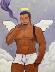 Rule 34 | 1boy, above clouds, abs, acrylic paint (medium), angel, angel wings, bara, beard, beard stubble, bulge, cigarette, cloud, dark-skinned male, dark skin, expressionless, facial hair, fake halo, fake wings, feet out of frame, halo, highres, holding, holding cigarette, large pectorals, long sideburns, male focus, mature male, muscular, muscular male, navel, navel hair, nipples, original, painting (medium), pectorals, short hair, shorts, sideburns, sky, smoke trail, smoking, solo, standing, star (sky), starry sky, stomach, stubble, thick eyebrows, thick thighs, thighs, topless male, torajiro art, traditional media, white shorts, wings