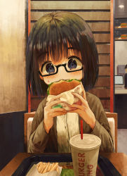 Rule 34 | 1girl, black-framed eyewear, black hair, blue eyes, brown jacket, burger, burger king, chair, commentary request, cup, disposable cup, drinking straw, eating, fast food, food, french fries, glasses, highres, holding, holding food, indoors, jacket, long sleeves, mimikaki (men bow), on chair, open clothes, open jacket, original, semi-rimless eyewear, shirt, solo focus, table, thick eyebrows, under-rim eyewear, upper body, white shirt