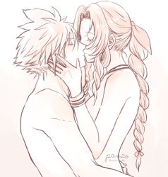 Rule 34 | 1boy, 1girl, aerith gainsborough, ancotsubu, arms around waist, artist name, bangle, blush, bracelet, braid, braided ponytail, breasts, choker, cloud strife, couple, final fantasy, final fantasy vii, final fantasy vii remake, hair between eyes, hair ribbon, hands on own cheeks, hands on own face, hetero, highres, jewelry, kiss, long hair, medium breasts, muted color, nude, parted bangs, ribbon, short hair, sidelocks, spiked hair, twitter username, upper body, wavy hair, yellow background